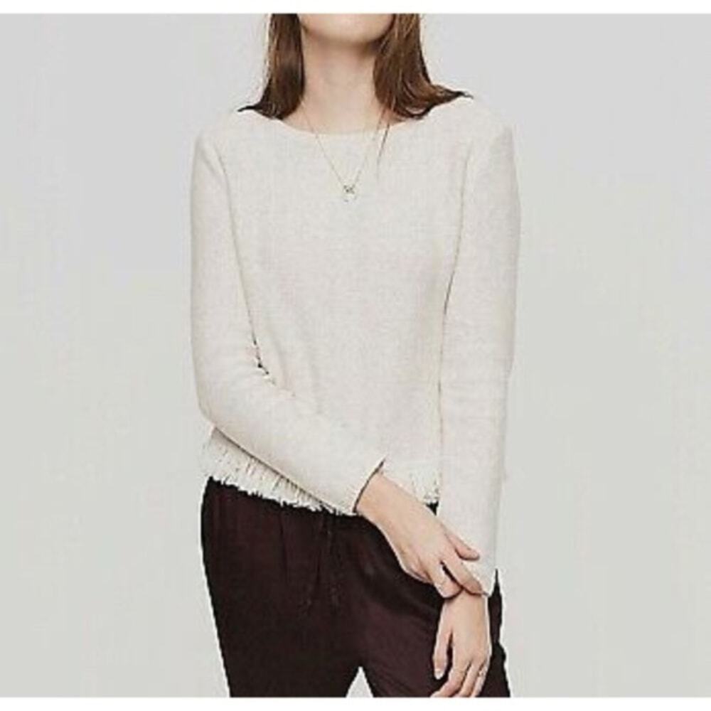 Lou & Grey Women's Fringed Hem Wool Blend Sweater Oatmeal Size Medium
